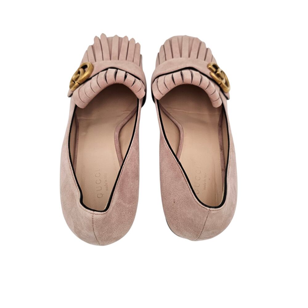 Gucci GG Marmont Fringe Block Heel Pump Pink Suede Square Toe Size 38.5 US 8.5 - Picture 5 of 12